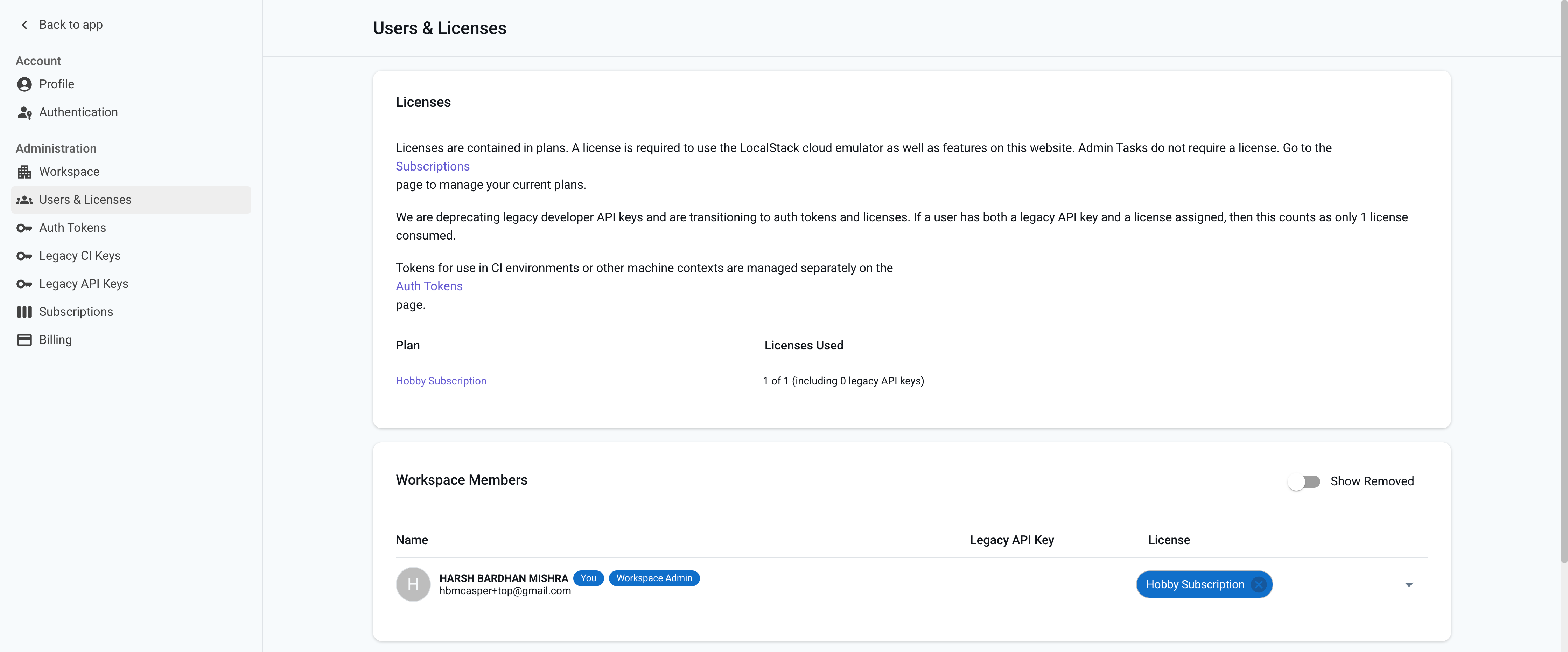 Users & Licenses management screen